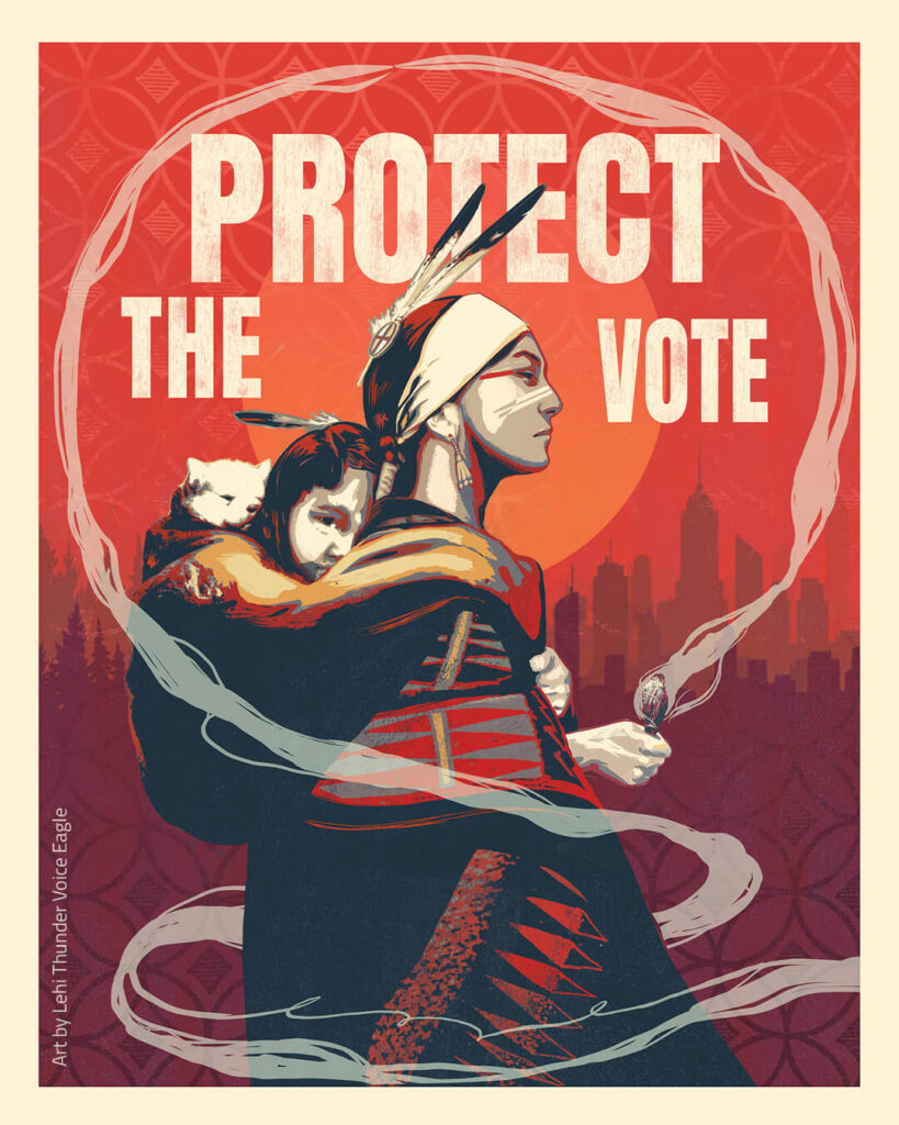 Illustration of a woman with a child on her back. The words "Protect the Vote" are written above their heads.