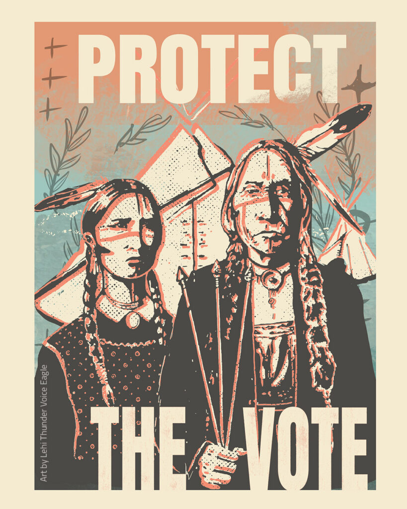 Illustration of Native couple posed like the American Gothic painting with the words "Protect the Vote" on it, by artist Lehi Thunder Voice Eagle.